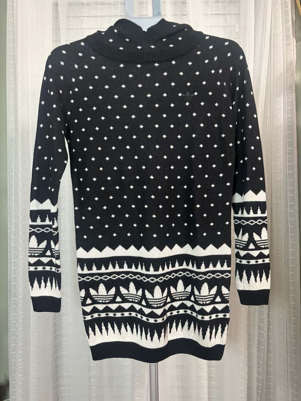 Adidas Originals Women's Black and White Fair Isle Knit Hoodie Sweater Size S